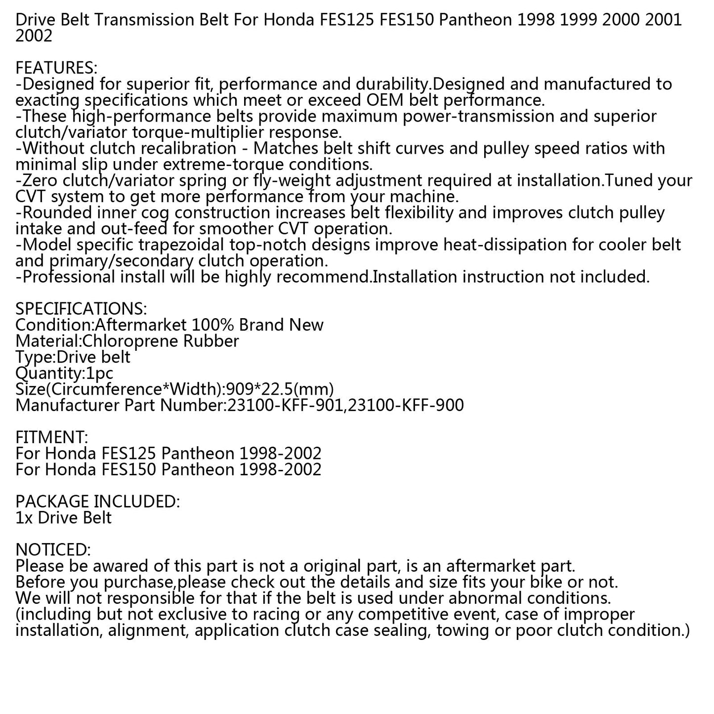 Drive Belt For Honda FES 125 150 Pantheon 1998-2002 Scooter 23100-KFF-901 Generic