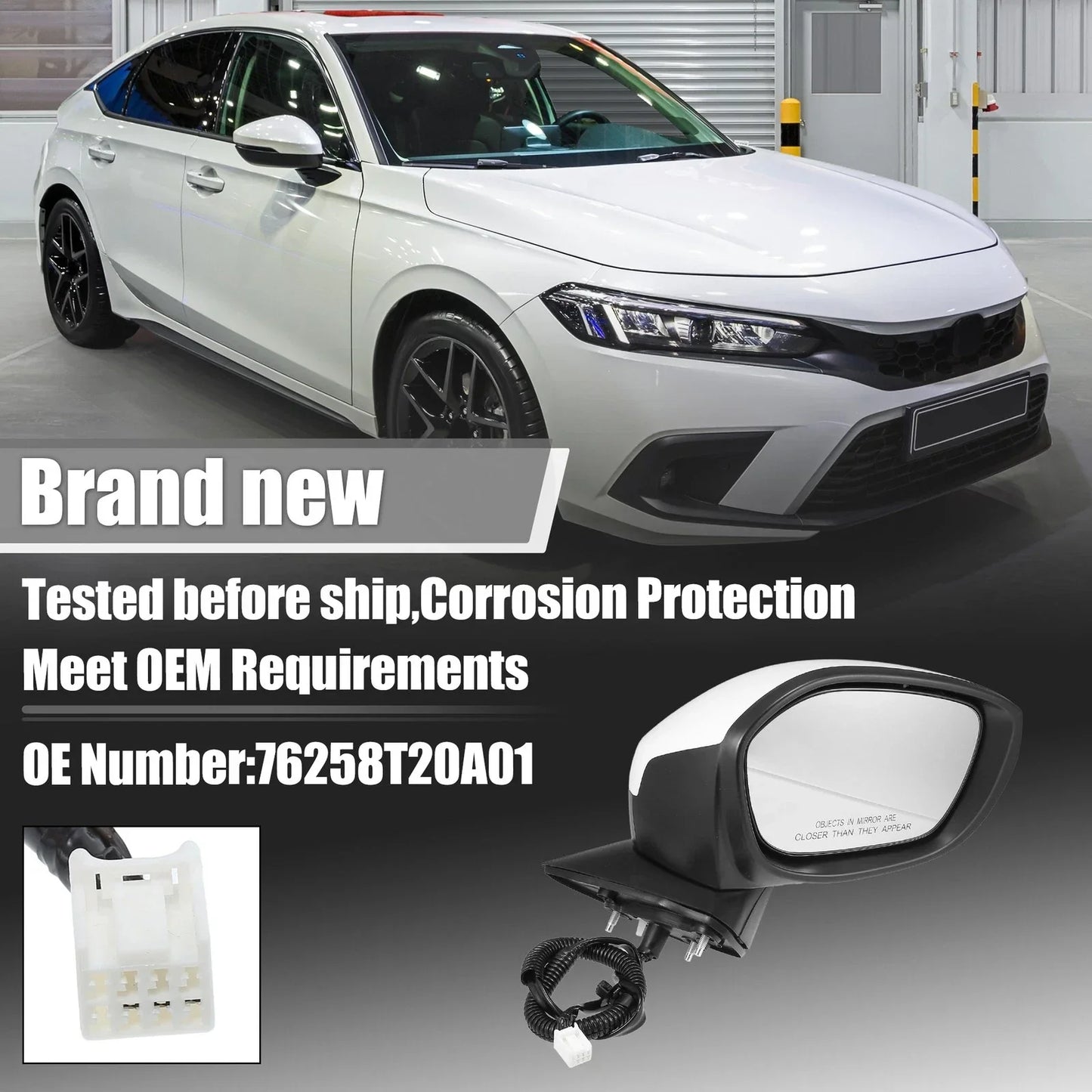 3 Pin Right Side Exterior Door Mirror Assembly White for Honda Civic (2022-2023)