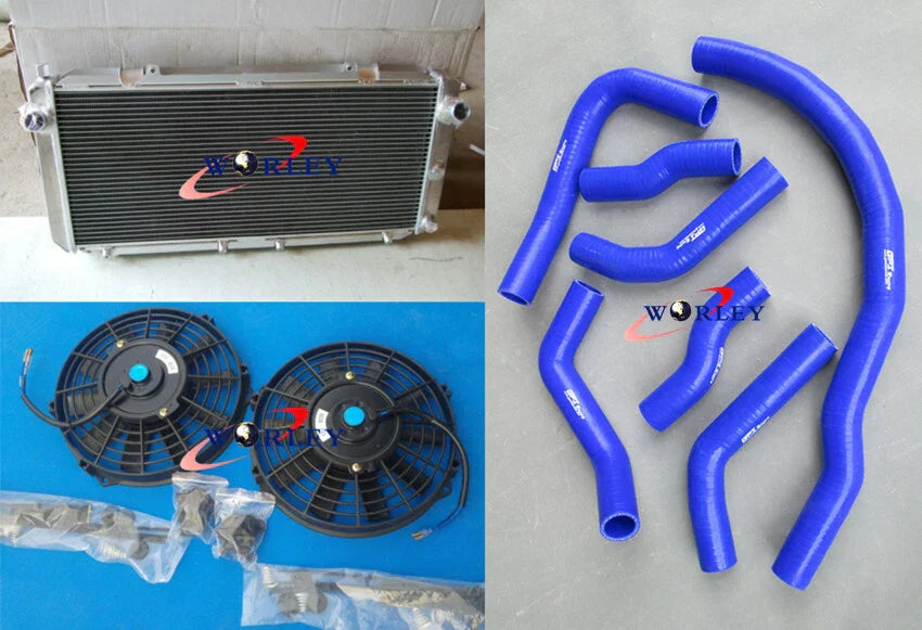 Aluminum Radiator + Fans + Blue Hoses for Toyota MR2 SW20 3SGTE (1990-1997)