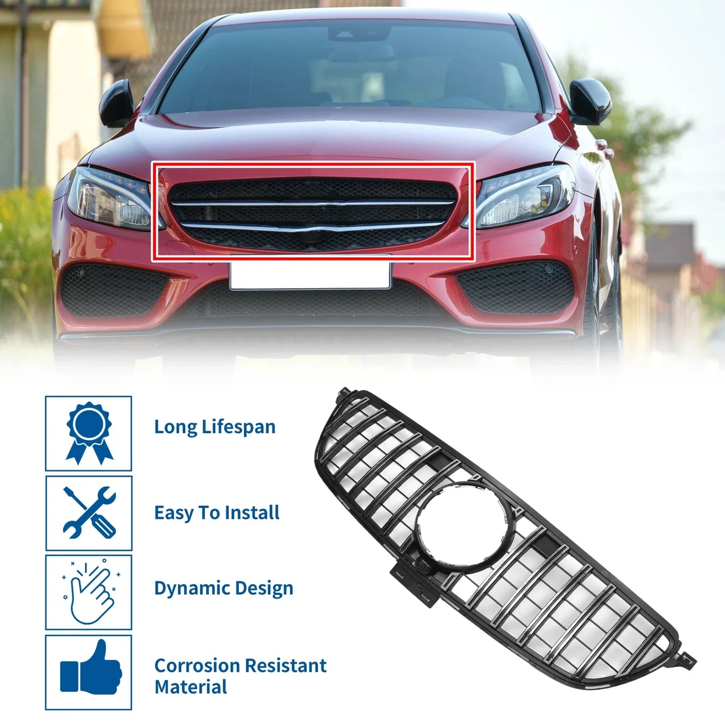 Front Upper Bumper Grille for Mercedes-Benz GLE 2015-2019 Chrome Silver Tone