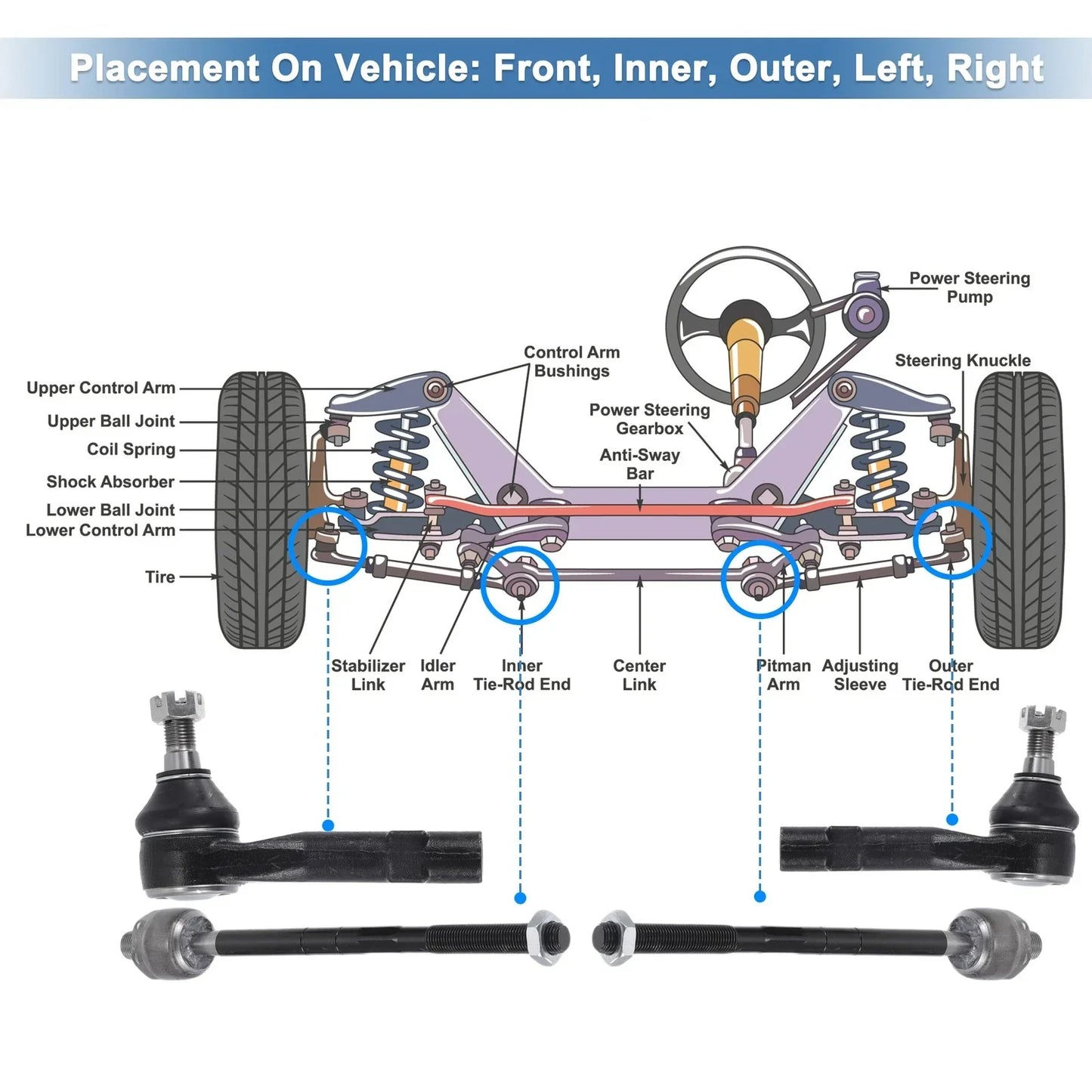 6 x Front Inner Outer Tie Rod End Links Kit for Ford Ranger (2001-2011)