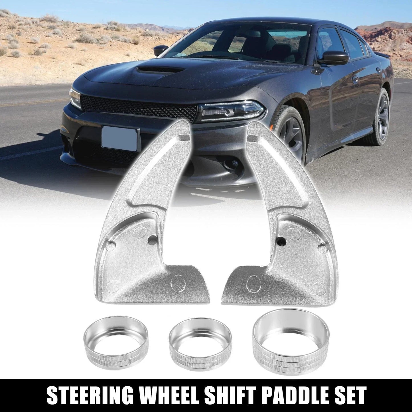 Silver Tone Inner Paddle Shifter Set & AC Volume Knob Cover for Dodge Charger