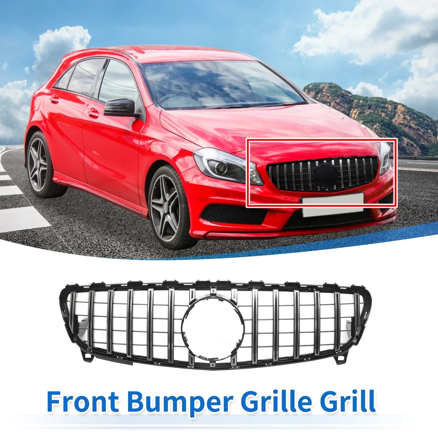 Front Upper Bumper Grille for Mercedes-Benz A-Class Chrome Silver (2013-2020)