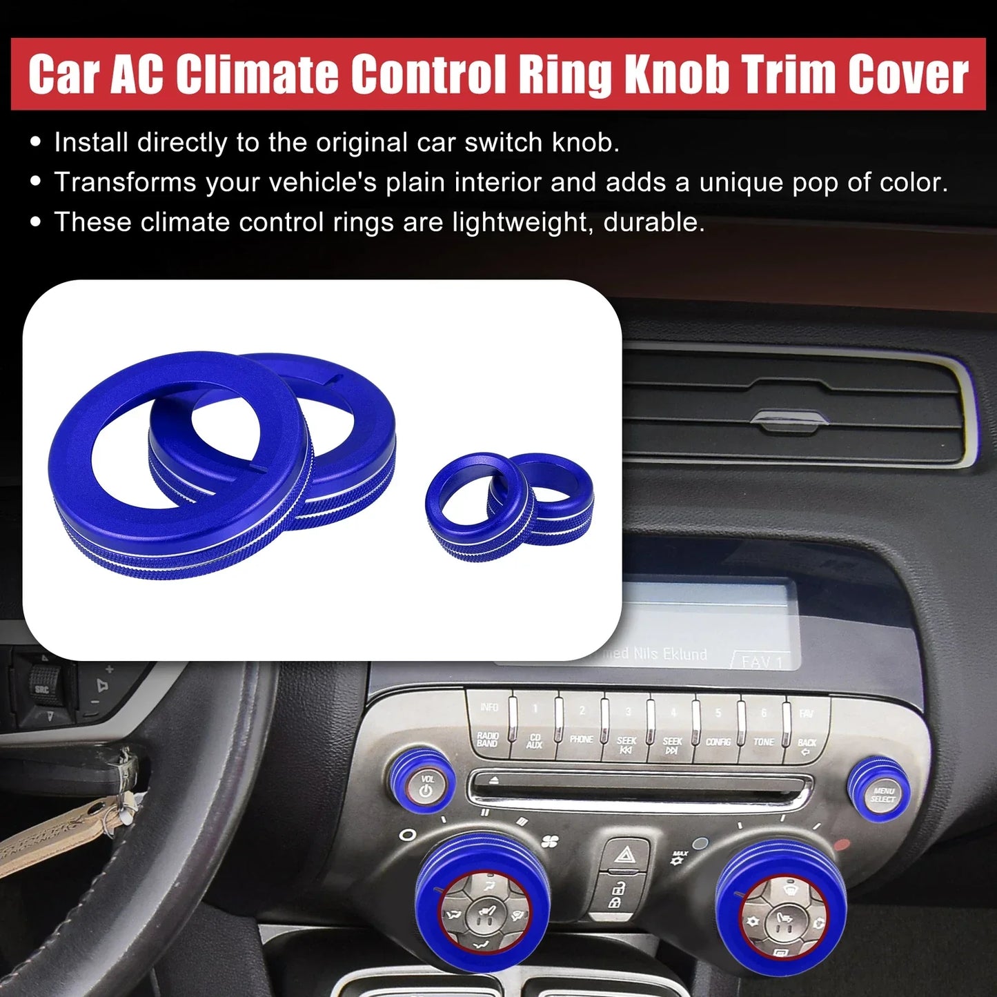 4 x Blue Aluminum Alloy Center Control Ring Knob Covers for Chevrolet Camaro