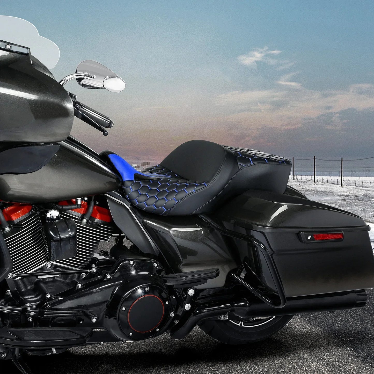 Passenger Gel Seat for Harley Touring Road King Glide (2009-2023) - Blue Black