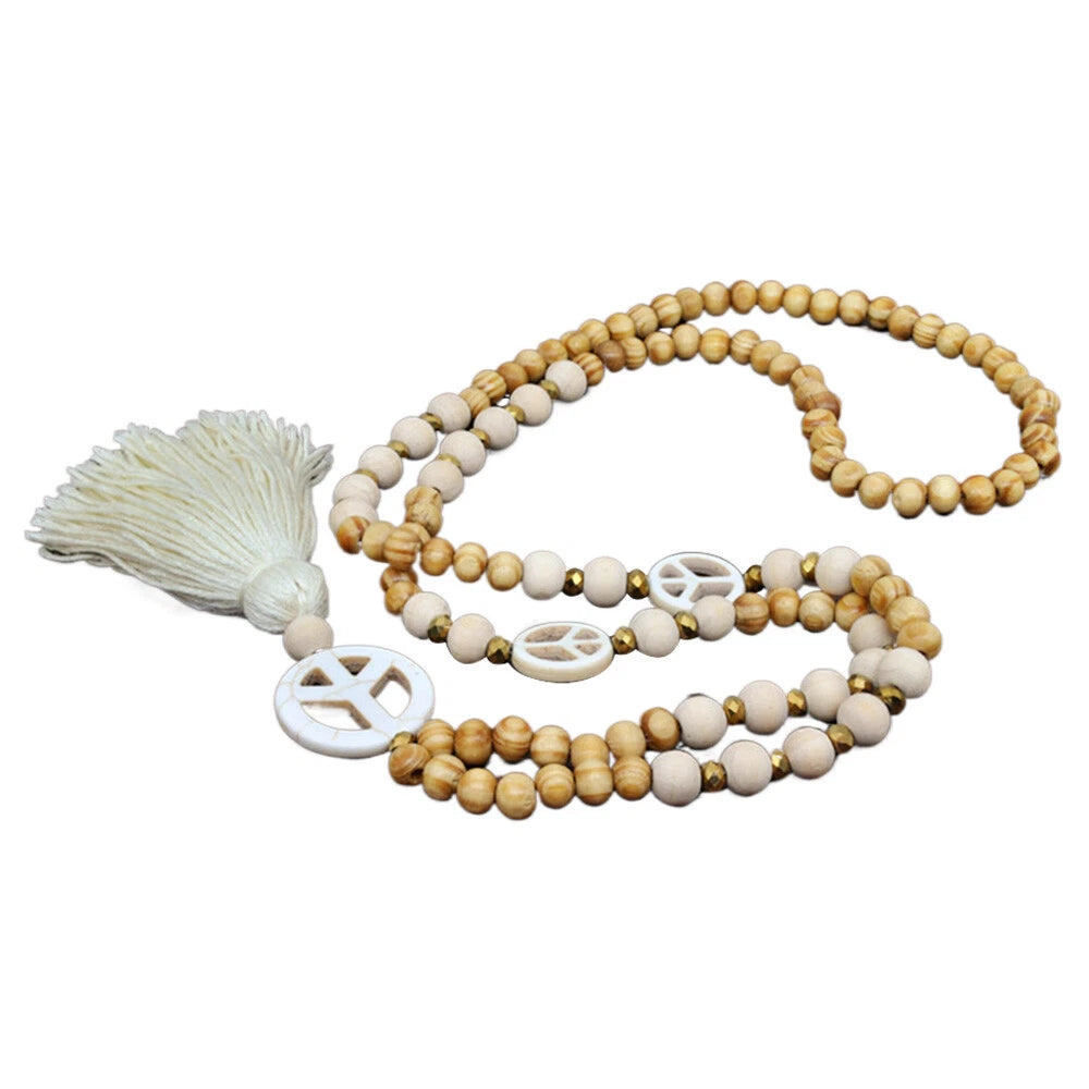 Bohemian Long Necklace with Tassel, Peace Sign, Wood Beads, Fringe