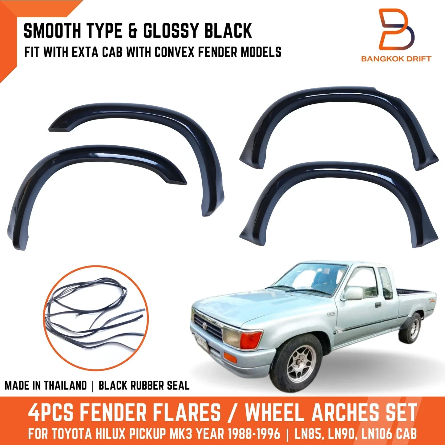 3" Black Wheel Arches Fender Flares for Toyota Hilux Ute Extra Cab (88-96)