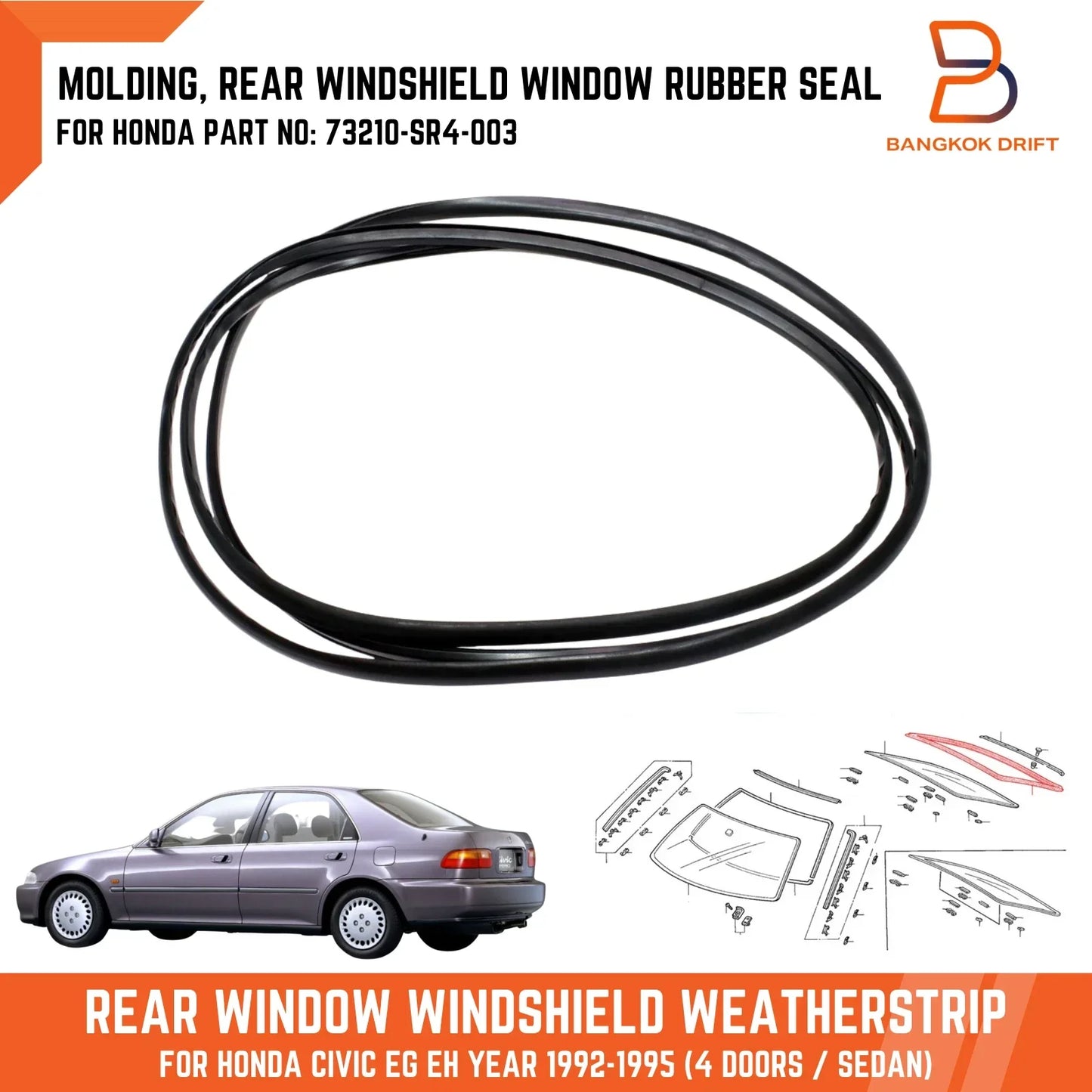 Rear Window Weatherstrip Seal for Honda Civic Sedan (1992-1995)