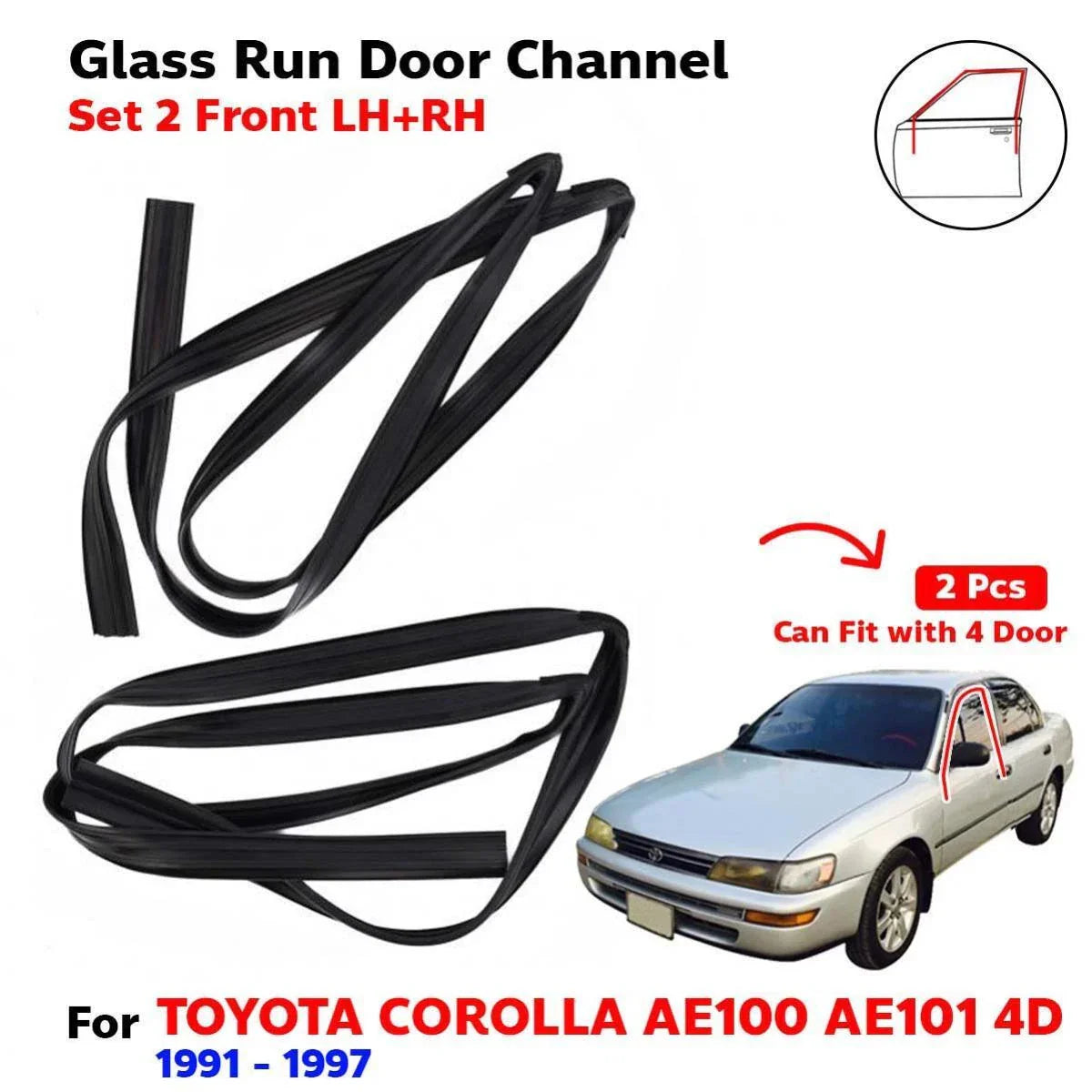 Glass Run Door Channel Front LH+RH Fits Toyota Corolla EE100 AE100 AE101 4D SED
