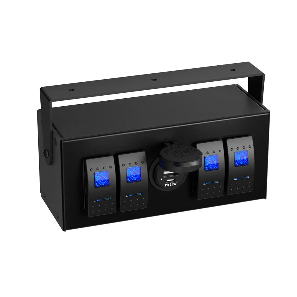 4 Button LED Rocker Switch Box with QC3.0 PD 18W USB Charger for Car Boat