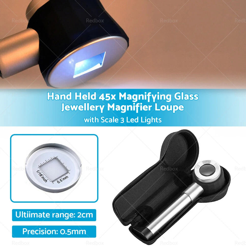 45x Hand Held Magnifying Glass Loupe with 3 LED Lights for Jewellery