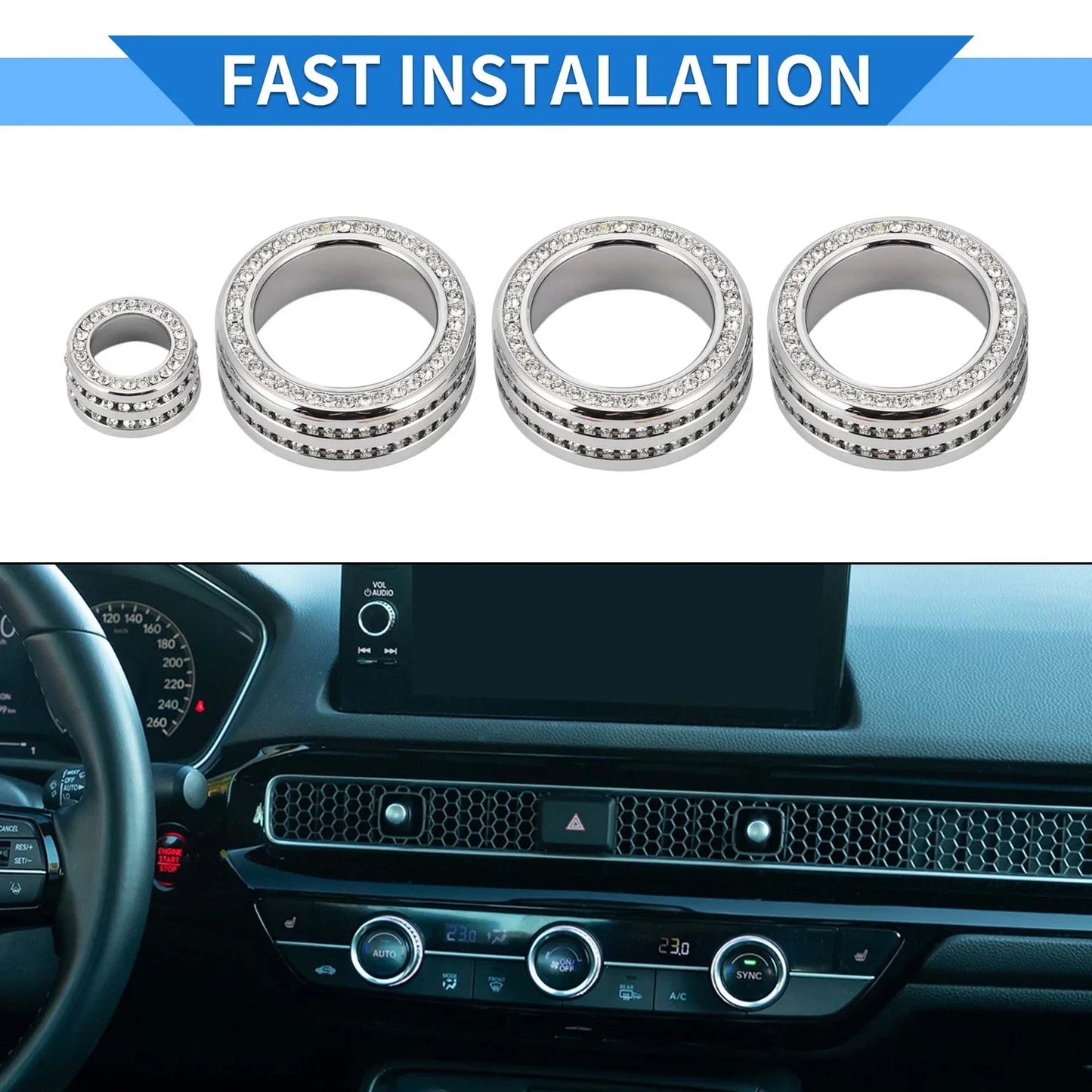 AC Media Tune Switch Knob Cover Ring for Honda Civic (2022) - 4 x Silver Tone