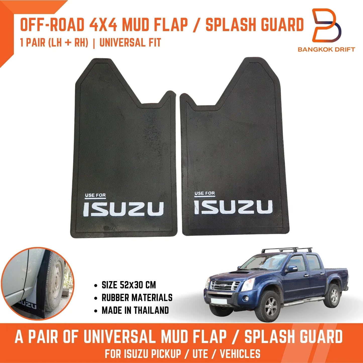 Isuzu 4WD 4x4 Off-Road Mud Flaps Splash Guards Black Rubber