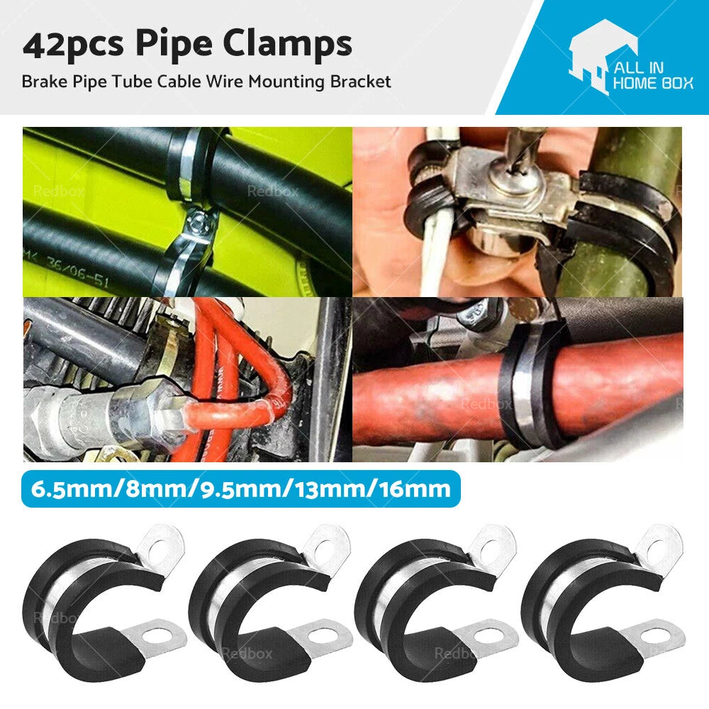 42pcs Rubber Lined Steel P Clips for Brake Pipe Tube Cable Mounting Bracket