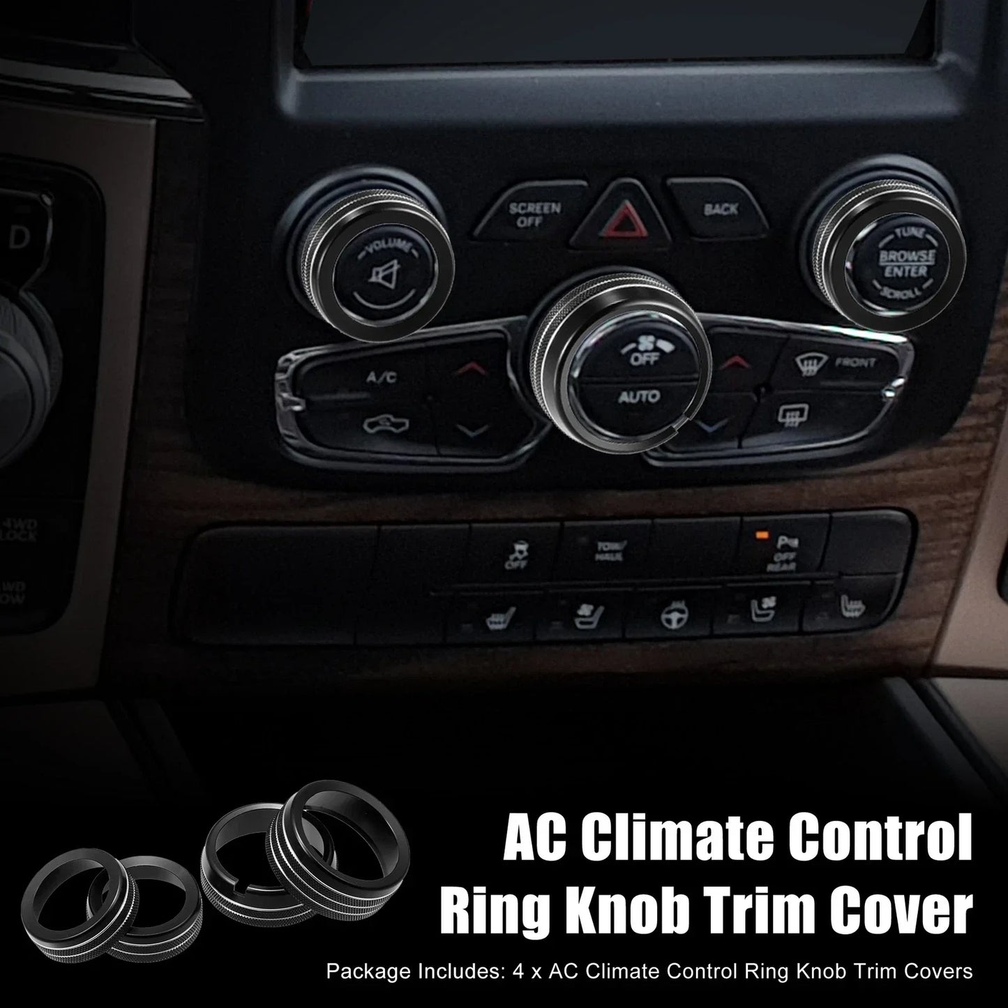 AC Switch Knob Cover Ring Trim for Dodge Ram 1500 - 4 x Black