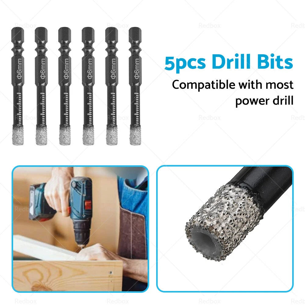 5PCS 6mm Dry Diamond Drill Bits for Porcelain, Granite, Glass, Marble