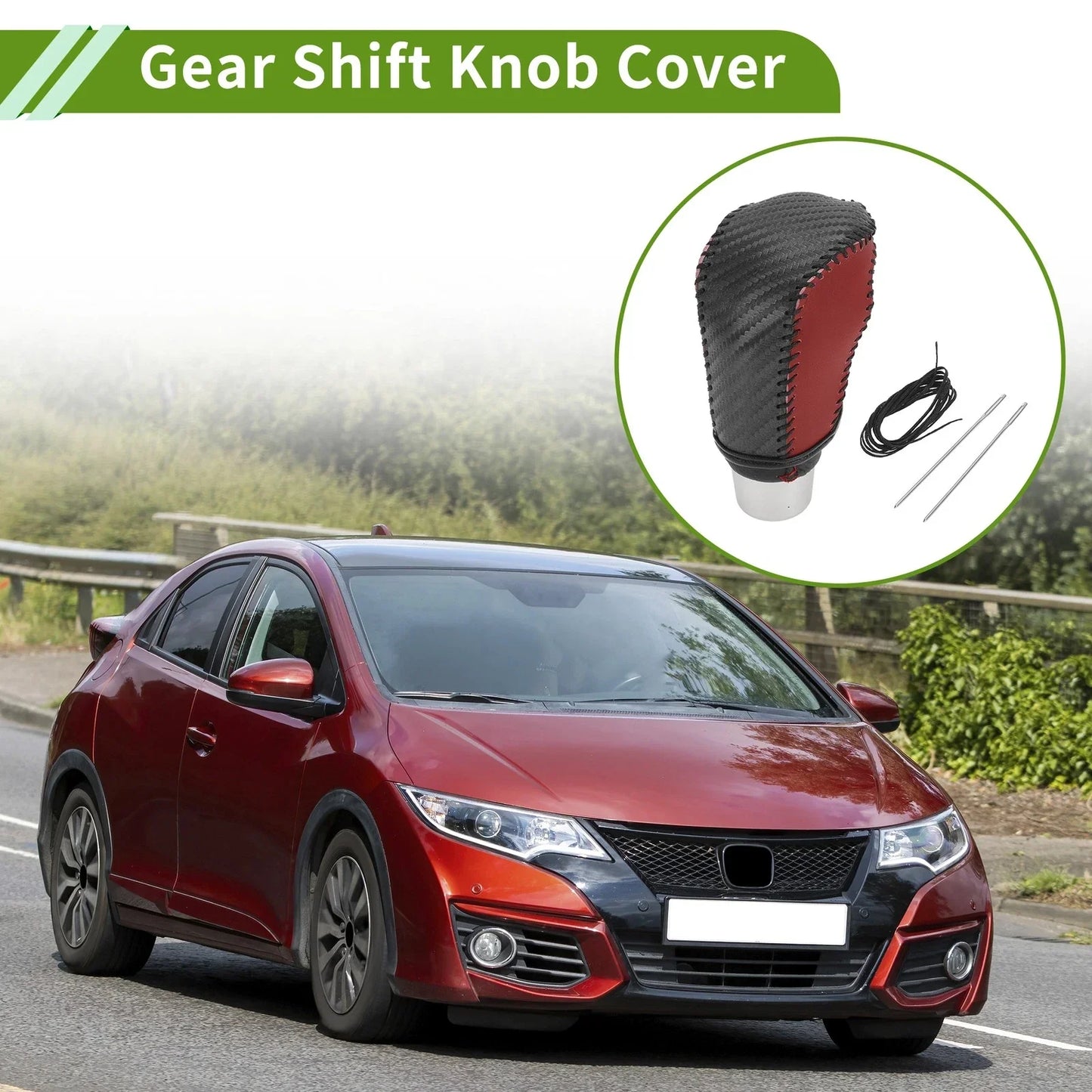 Car Gear Shift Knob Cover for Honda Civic 2016-2021 Black Carbon Fiber Red