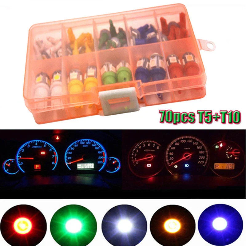 70 Pcs Car T5+T10 LED Instrument Panel Cluster Plug Dash Lights Indicator