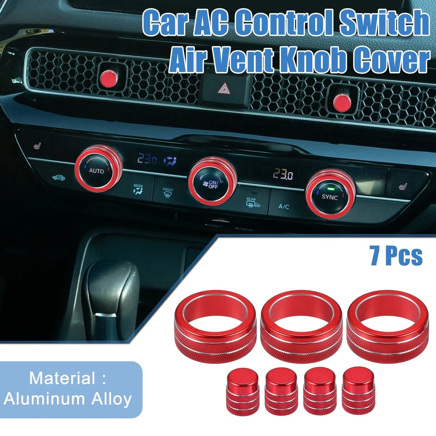 7 x Car AC Control Switch Air Vent Knob Covers for Honda Civic (2022-2023) Red