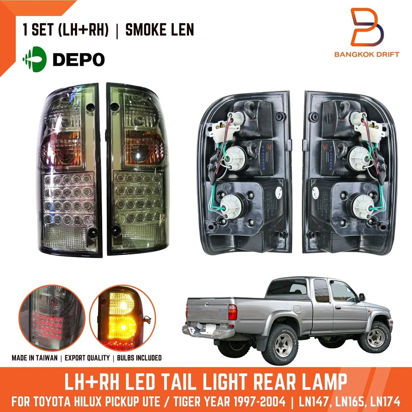 Smoked LED Tail Lights Pair for Toyota Hilux Ute LN167 SR5 (1997-2004)