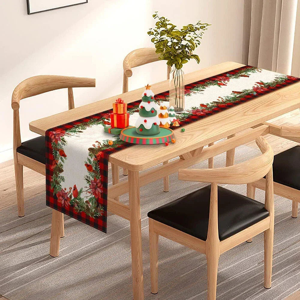 Christmas Cardinal Table Runner 13" x 72" Buffalo Plaid Poinsettia Holly