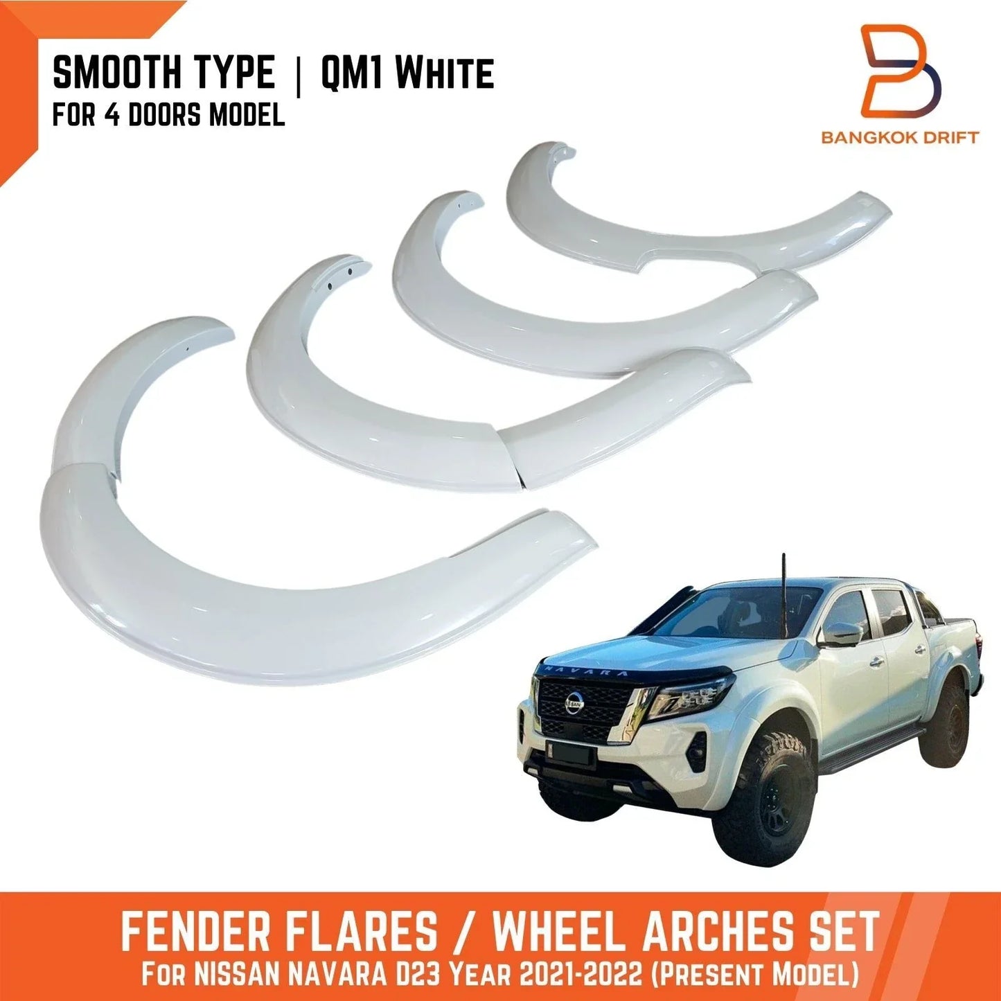 White QM1 Smooth Fender Flares for Nissan Navara D23 (2021-2023)
