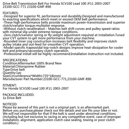 Drive Belt 735OC x 18W For Honda SCV 100 Lead JF11 03-07 Scooter 23100-GCC-771 Generic