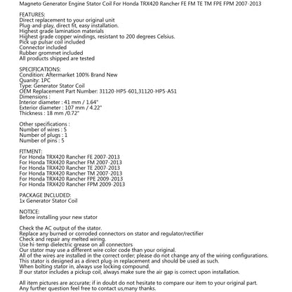 Generator Stator Coil For Honda TRX420 Rancher FE FM 2007 2008 2009 2010-2013 Generic