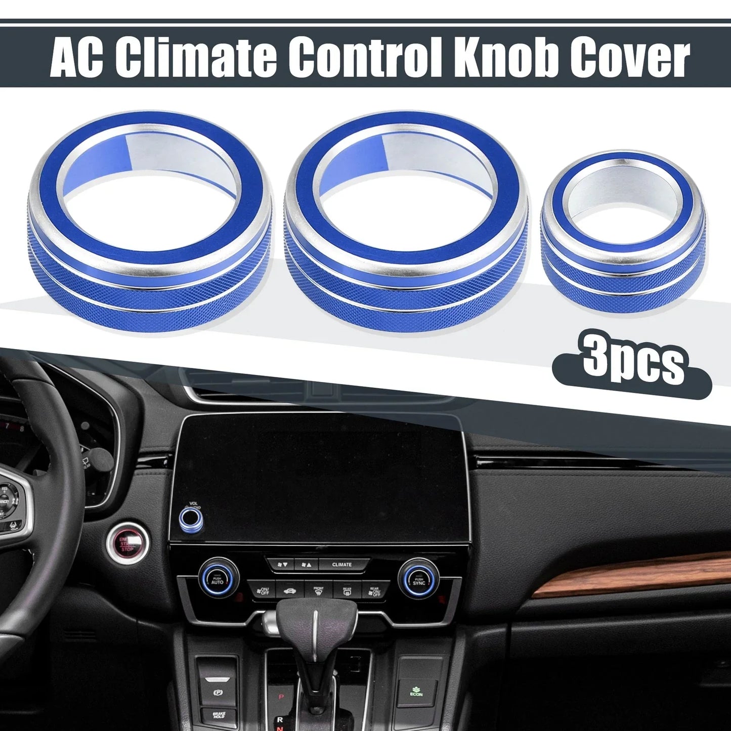 3 x AC Knob Ring Covers for Honda CR-V 2017-2021 - Volume Control Knobs Blue