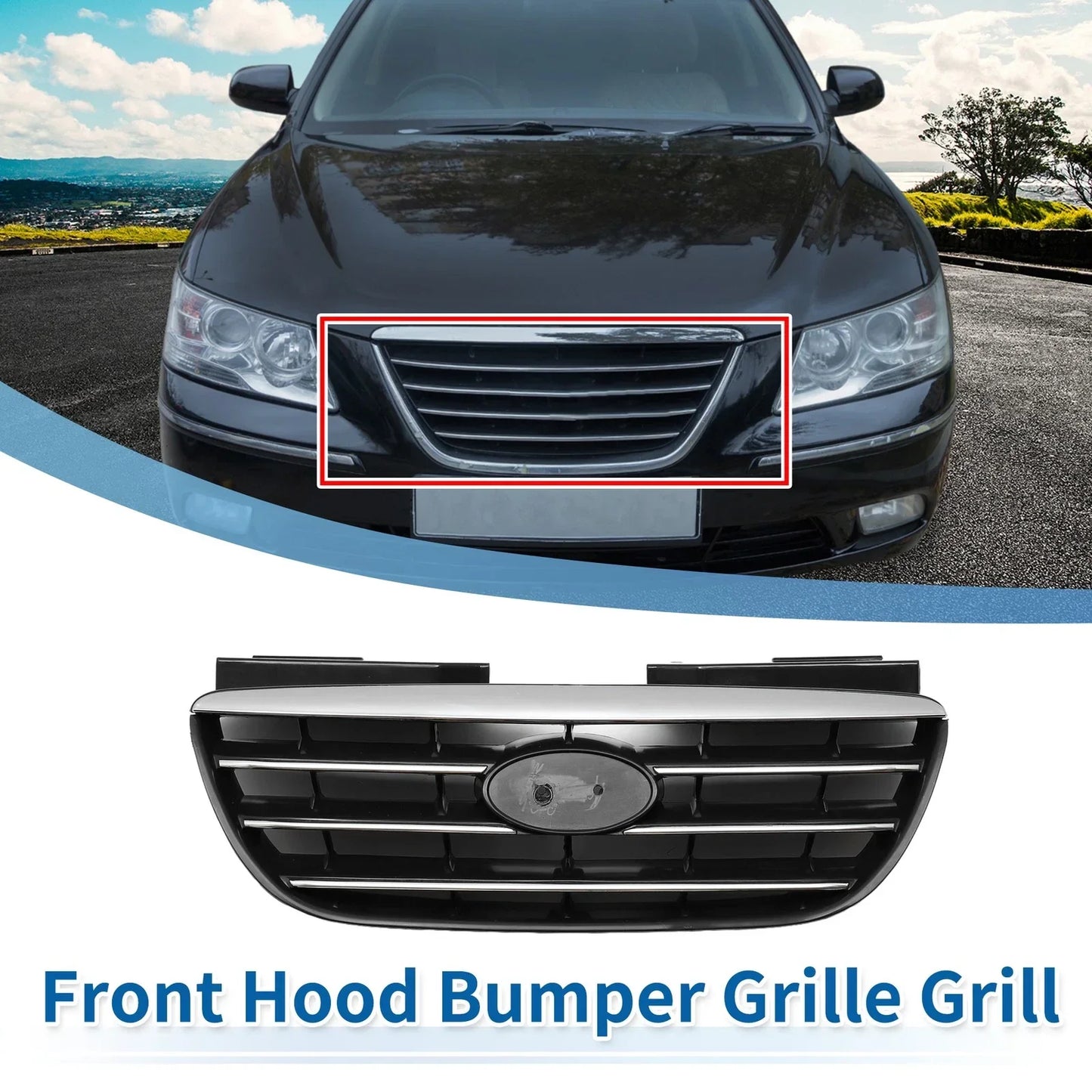 Front Upper Bumper Grille for Hyundai Elantra (2017-2020) Black Chrome Silver Tone