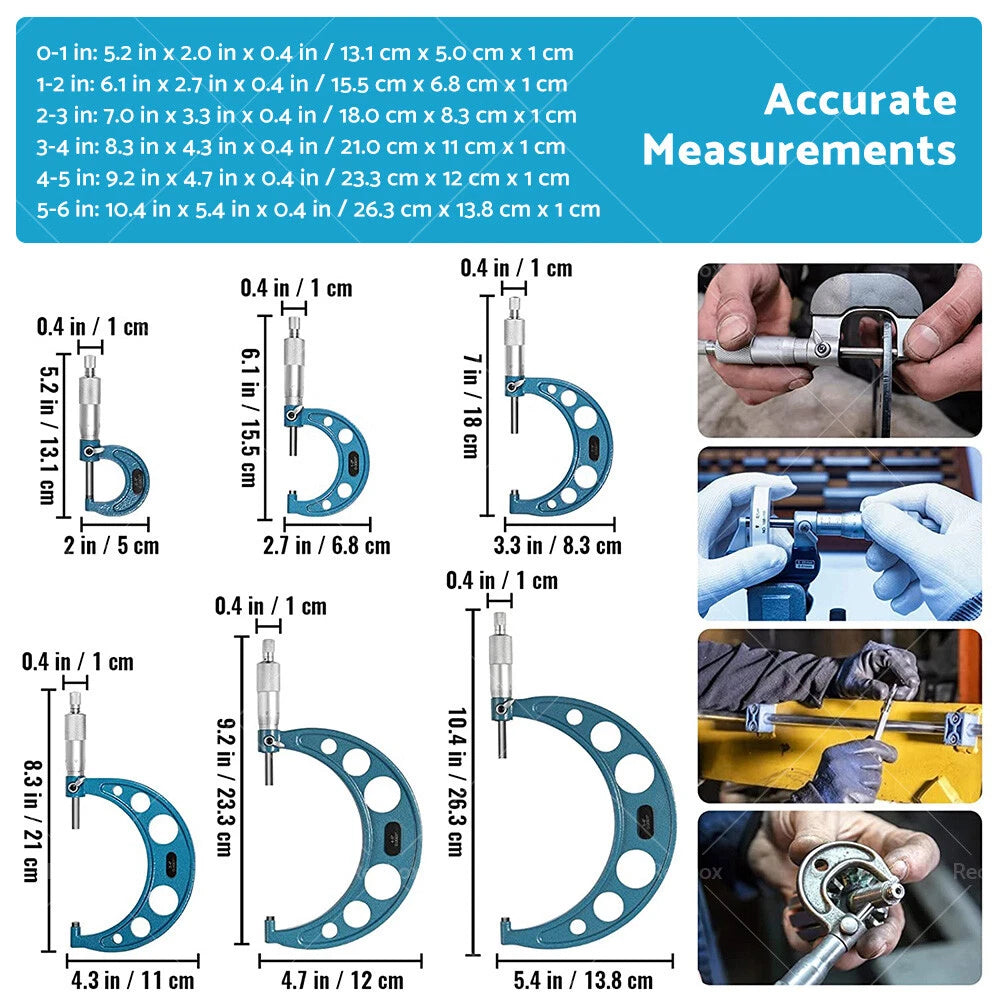 6pcs Precision Outside Micrometer Set 0-150mm Carbide Machinist Tool