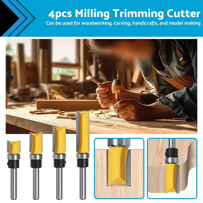 4pcs Milling Cutter Kit 1/4" Shank Flush Trim Router Bits for Woodworking