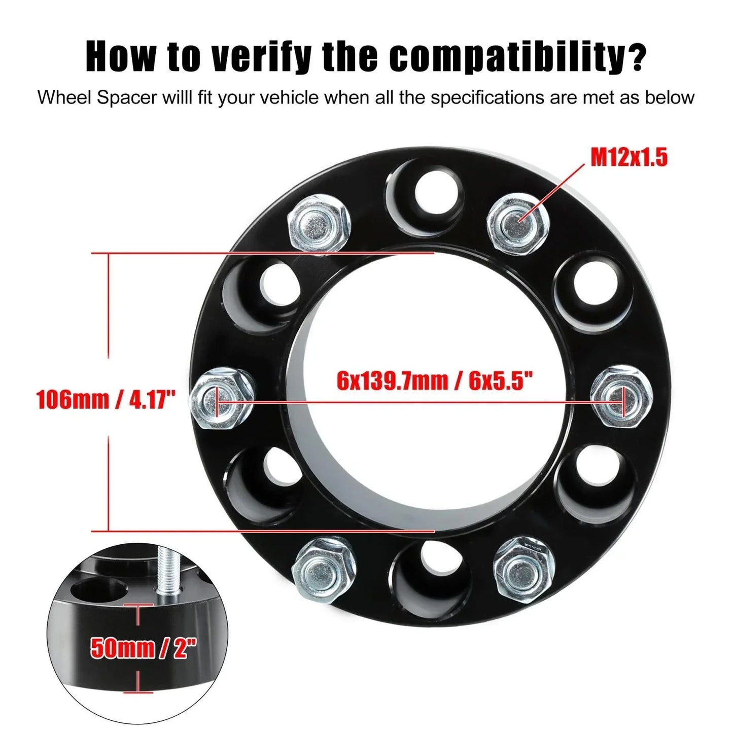 4pcs 2" Thick M12x1.5 6x5.5" Wheel Spacers Adapters
