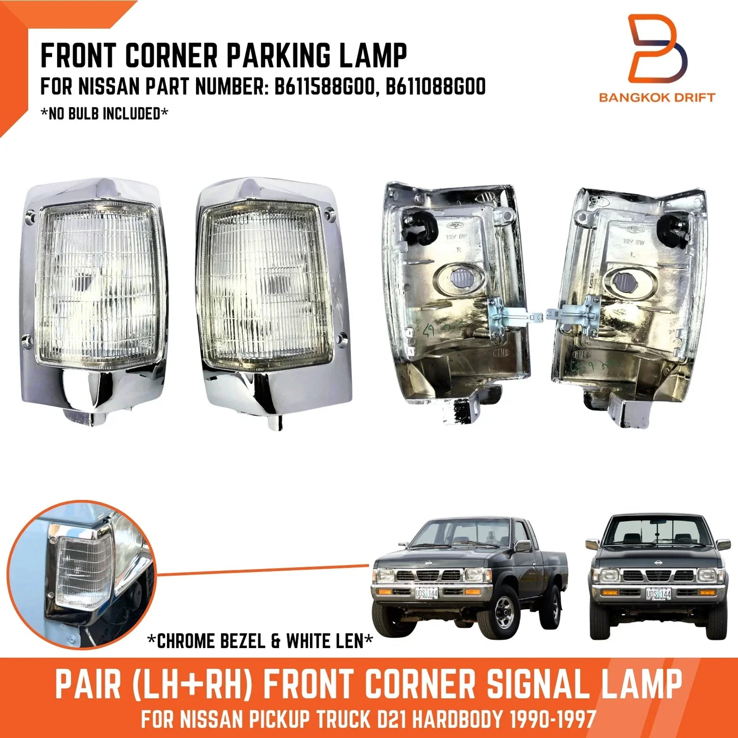 Chrome Side Turn Signal Corner Lamp Light for Nissan Navara D21 (1990-1997)