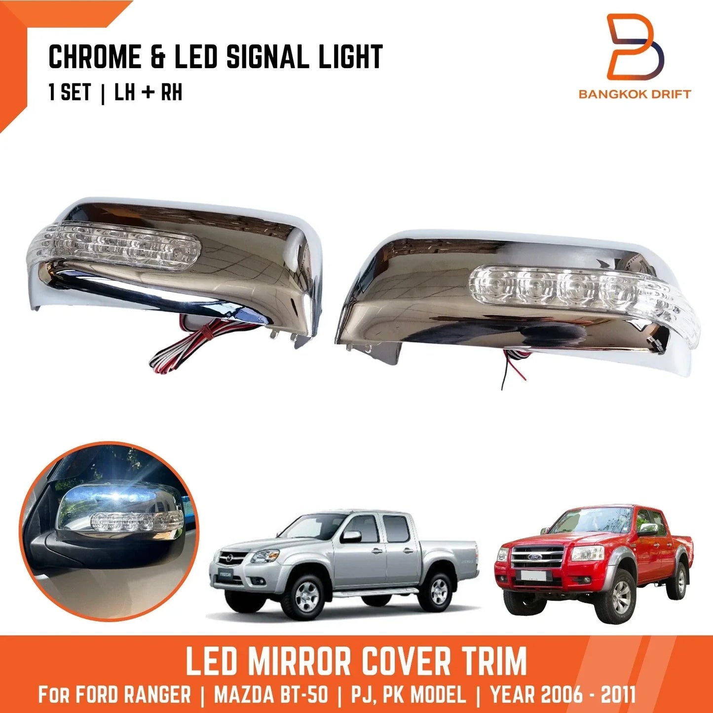 Chrome LED Mirror Cover Trim for Ford Ranger PJ PK, Mazda BT-50 Ute (2006-2011)