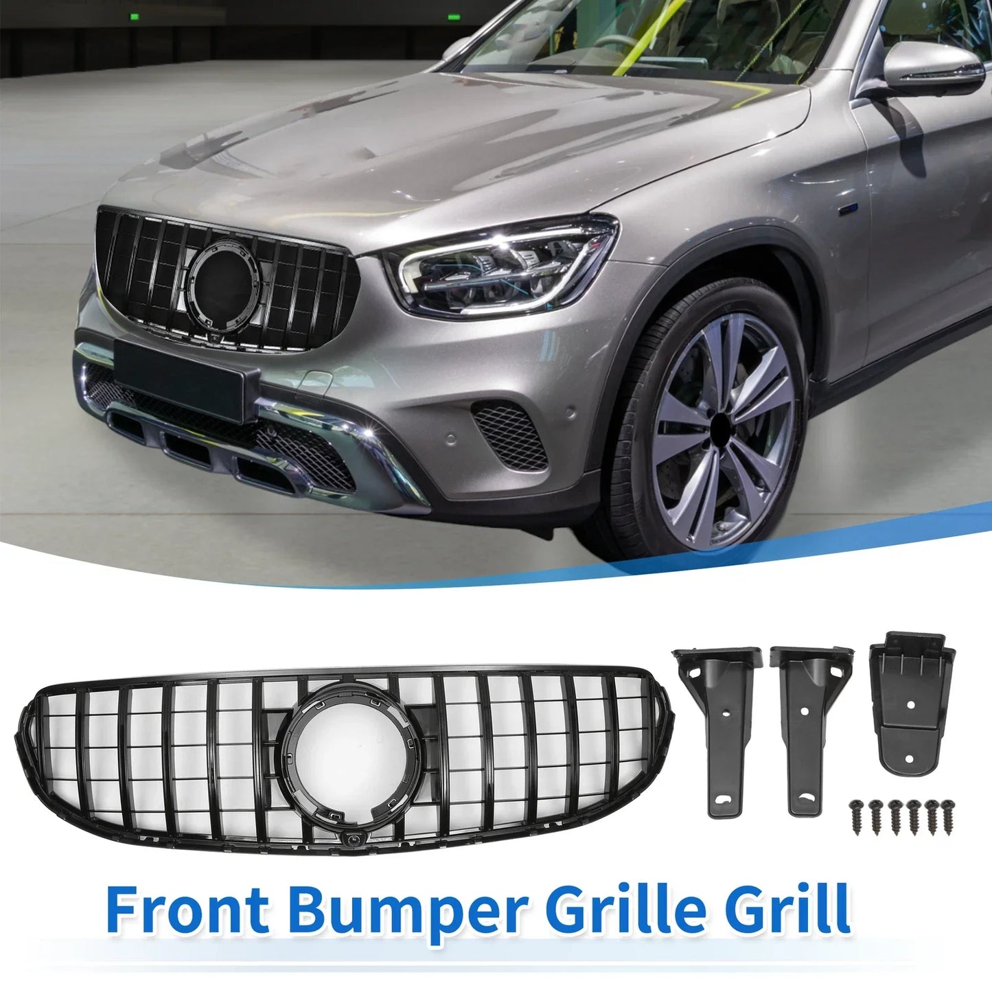 Front Upper Bumper Grille for Mercedes-Benz GLC300 2020-2021 Gloss Black
