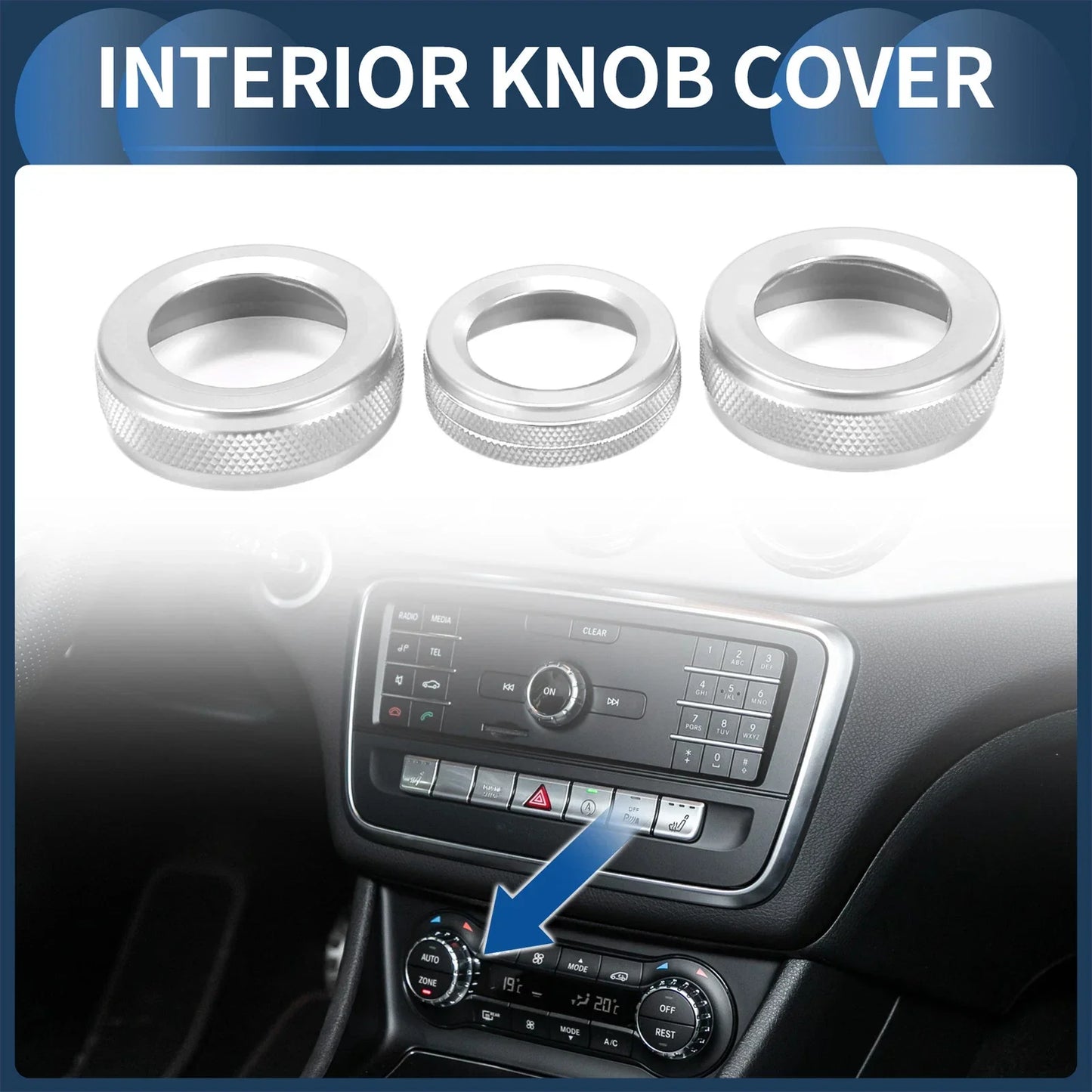AC Media Knob Covers for Mercedes-Benz A B E GLK GLA CLA Class Silver Tone 3 x