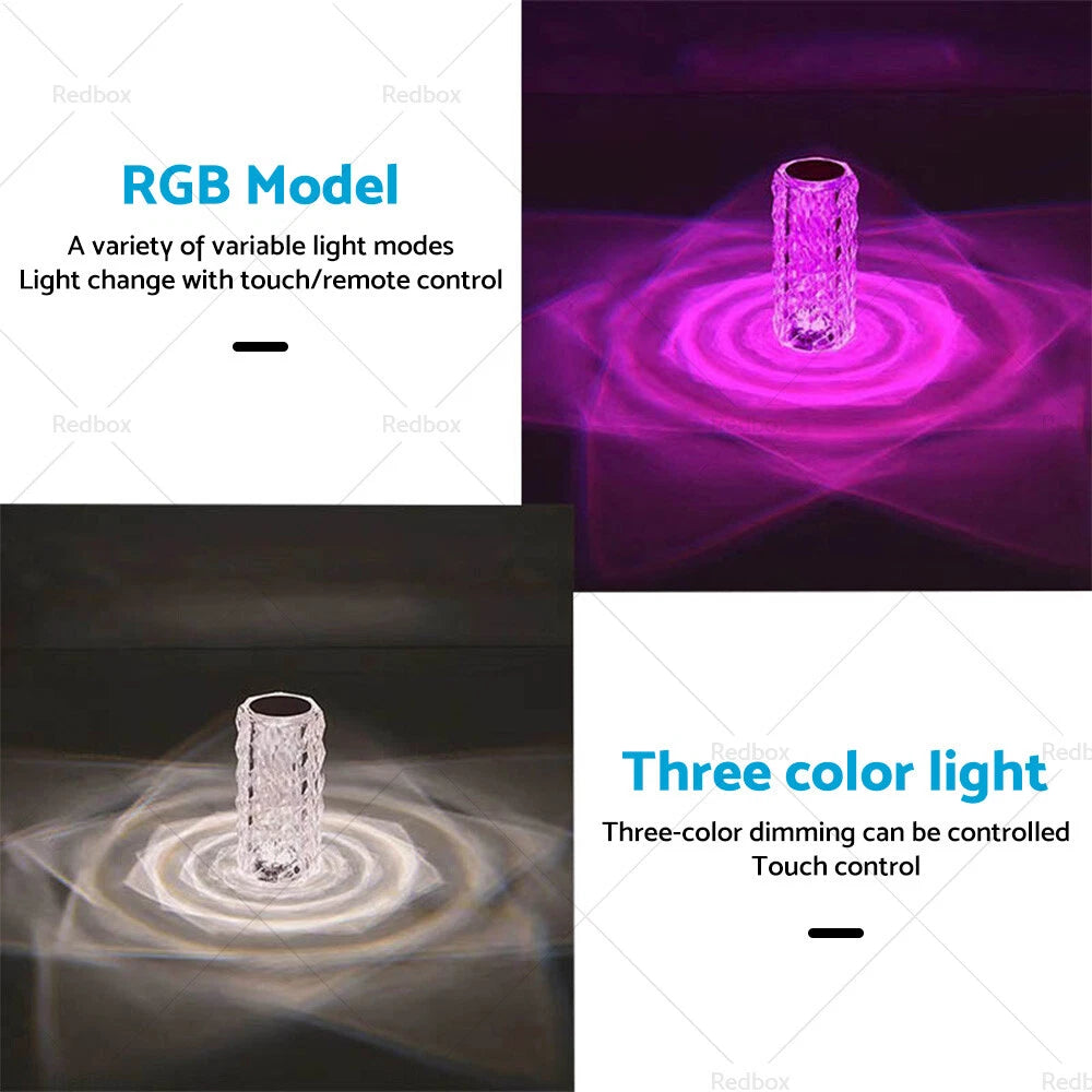 Crystal Table Lamp with USB & 3/16 Color LED Light for Rose Diamond Touch