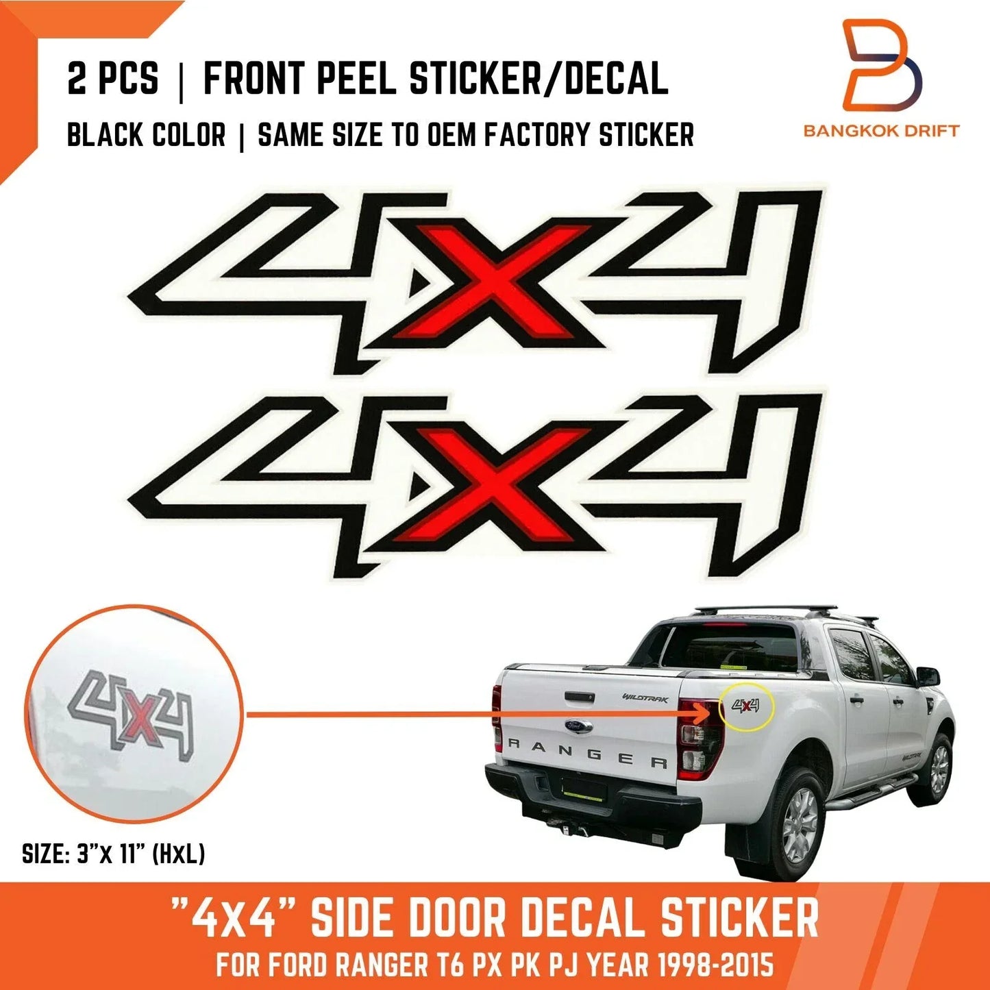 Black 4x4 Side Rear Decal Sticker for Ford Ranger PX PJ PK Wildtrak XLT (98-15)