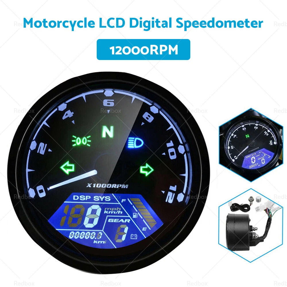 Digital Motorcycle Odometer Speedometer Tachometer Gauge LCD Universal