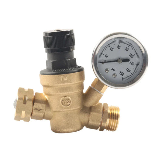 Adjustable RV Water Pressure Regulator Valve w/ Gauge for Camper