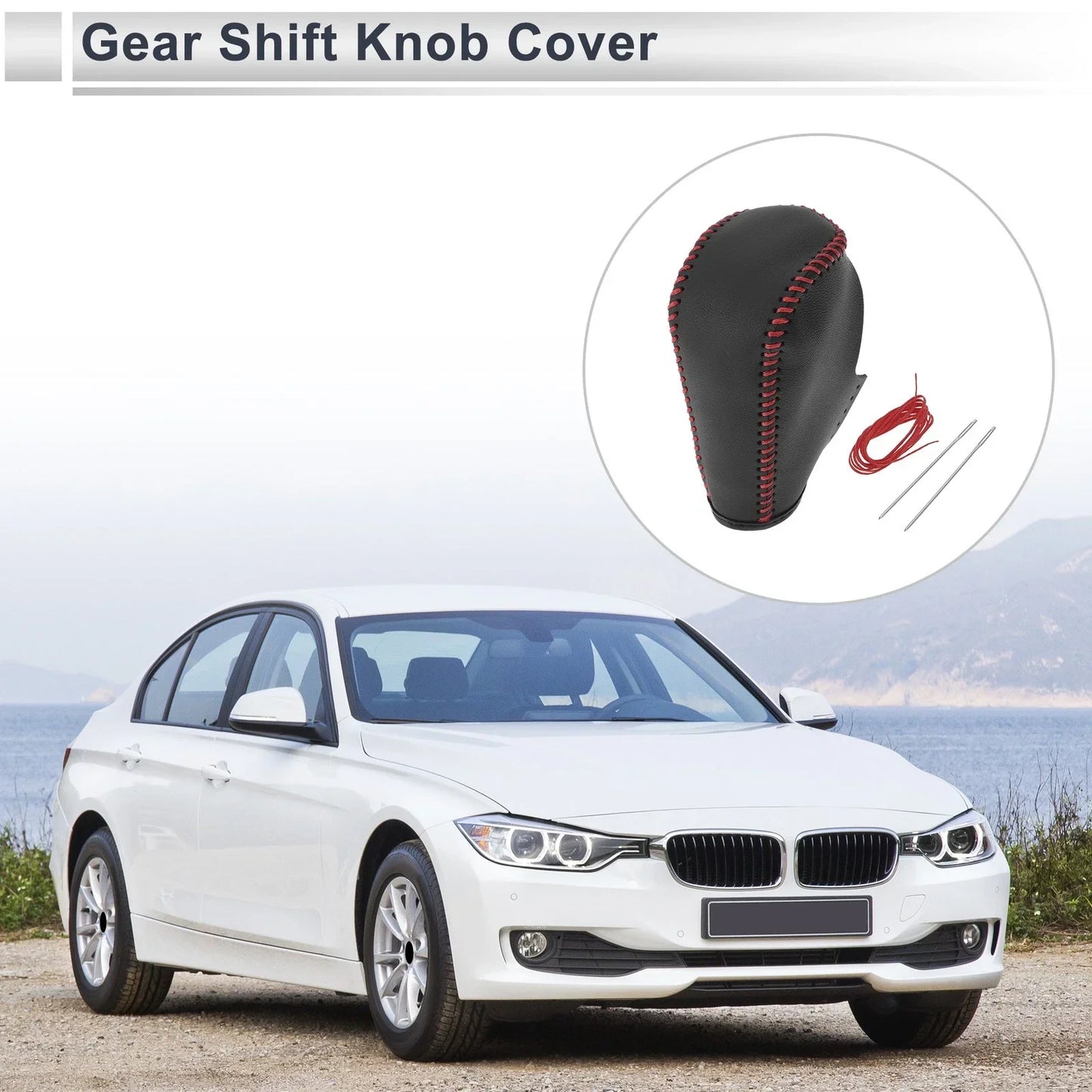 Gear Shift Knob Cover for BMW 3 Series (2004 - 2012) Black Red Faux Leather