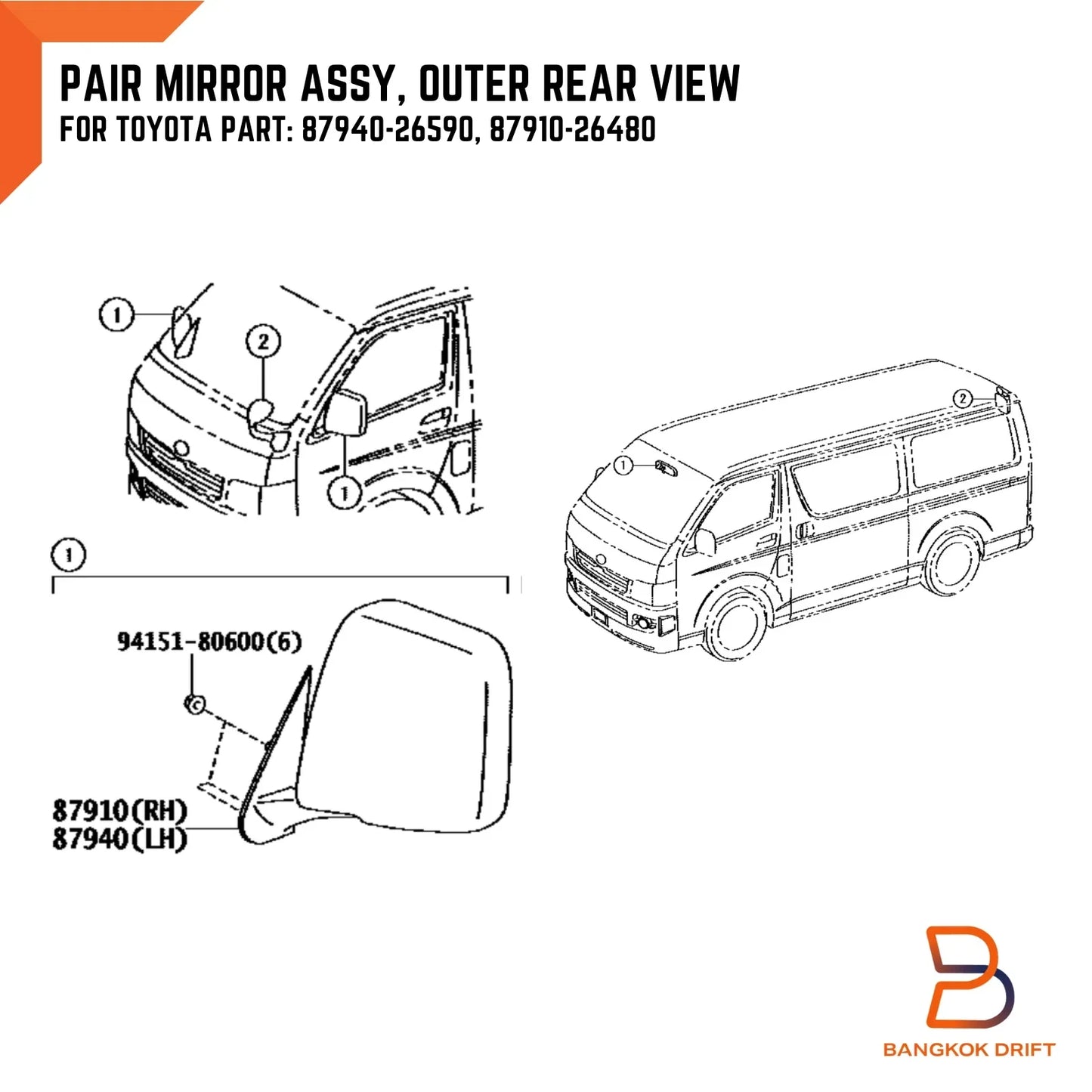 Black Manual Wing Mirror for Toyota Hiace Commuter (2005-2019)