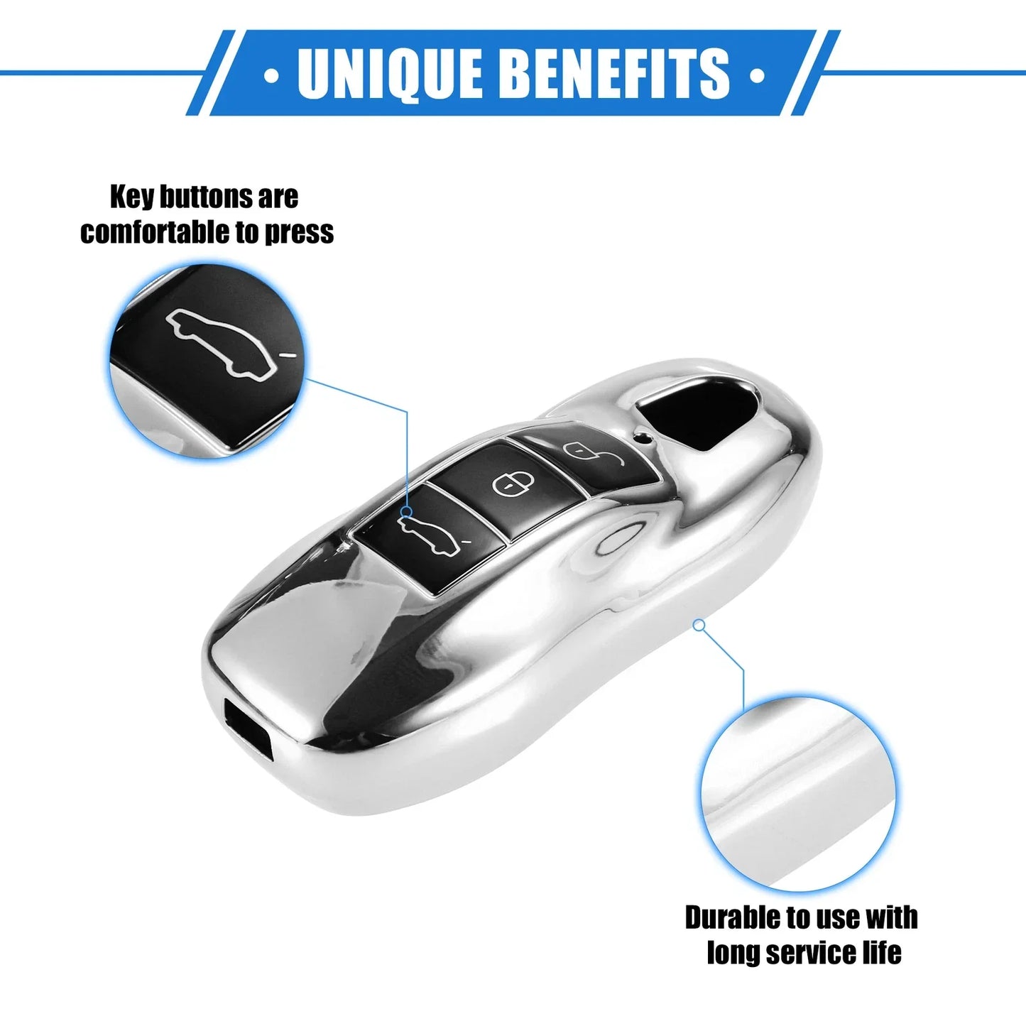 3 x Button Car Remote Key Fob Cover for Porsche Macan (2014-2022) TPU Silver Tone