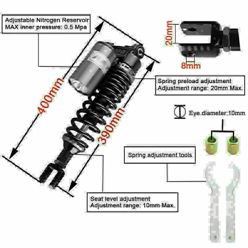 390mm Rear Air Shock Absorbers for Kawasaki Honda Suzuki Yamaha