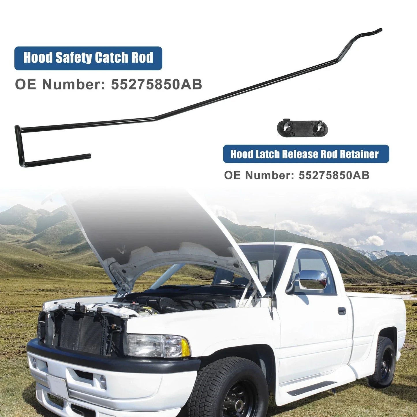 Hood Safety Latch Catch Rod & Retainer Clip Kit for Dodge 1500 2500 (2002-2023)