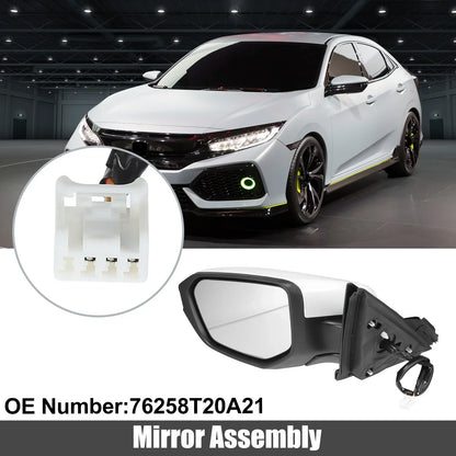 Left Side Exterior Door Mirror Assembly White for Honda Civic (2016-2021)