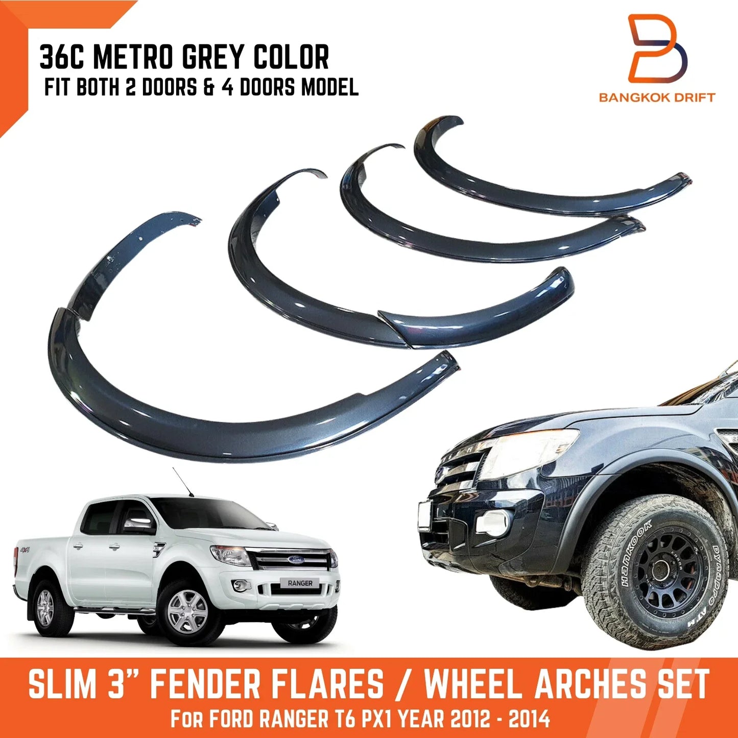 3" 36C Metro Grey Slim Fender Flares for Ford Ranger T6 PX1 (2012-2014)