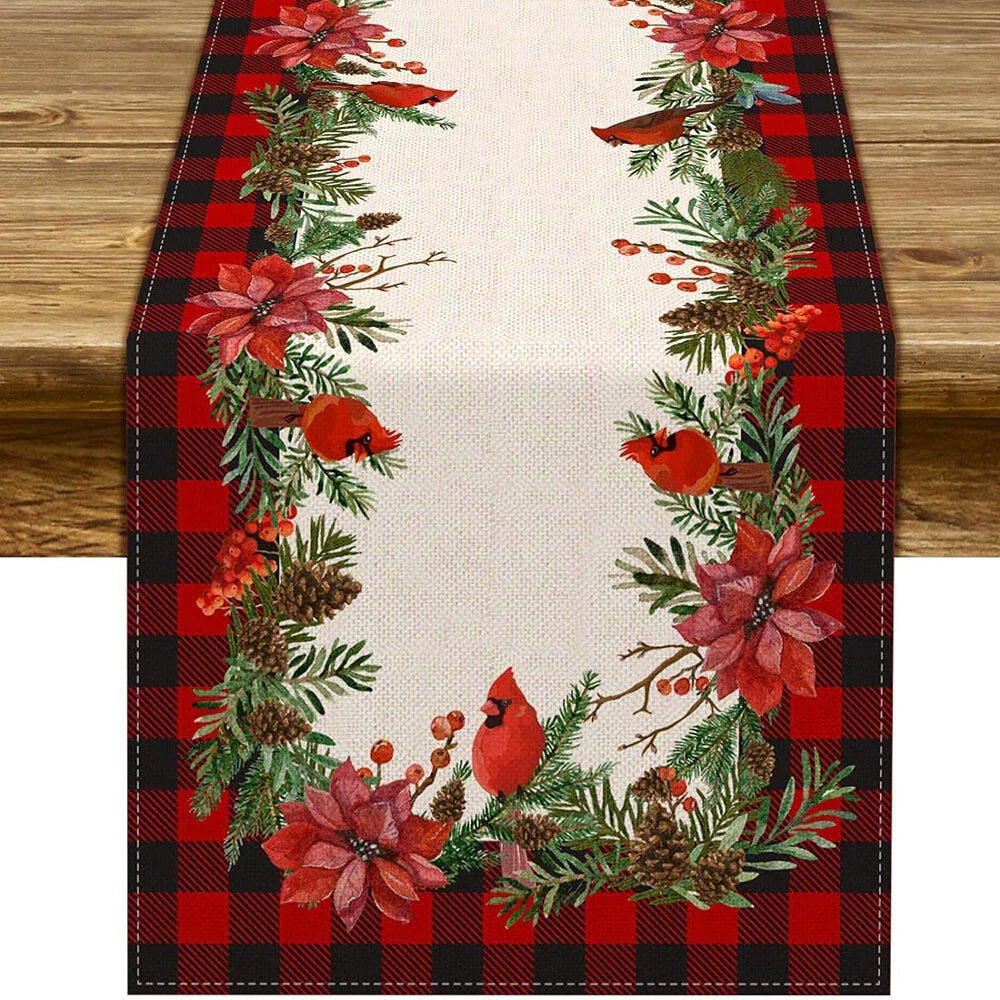 Christmas Cardinal Table Runner 13" x 72" Buffalo Plaid Poinsettia Holly