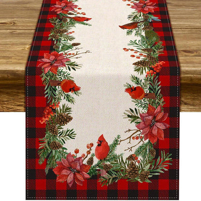 Christmas Cardinal Table Runner 13" x 72" Buffalo Plaid Poinsettia Holly